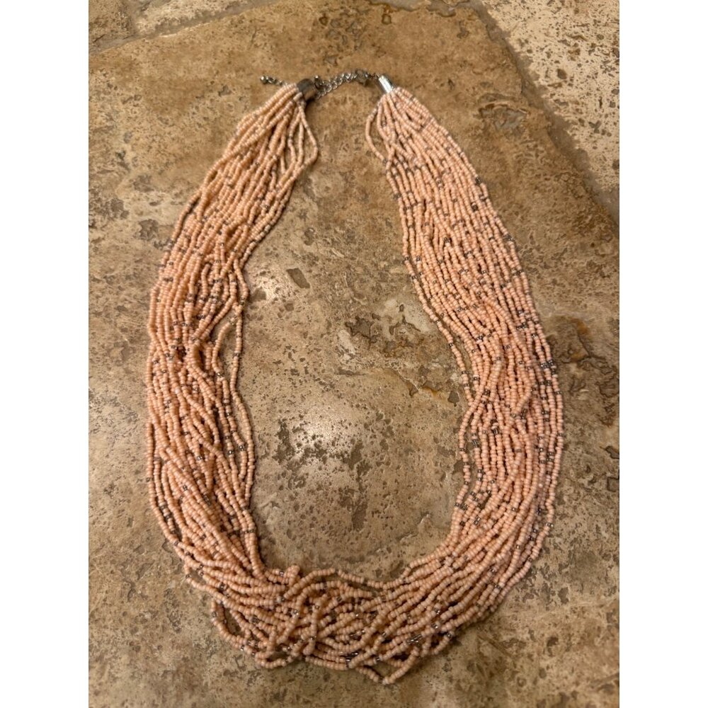 Multi-Strand Pink Beaded Necklace With Silver Accents & Adjustable Chain Closure